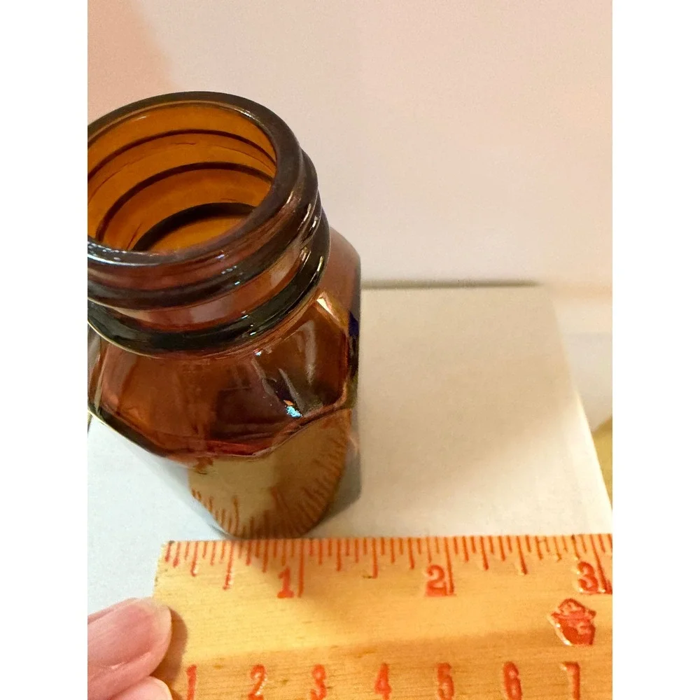 Vintage Amber Glass Apothecary Bottle Hexagonal Medicine Jar Brown 3.25 Inch